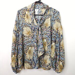 H&M x Morris & Co. Victorian Floral Print Sheer Chiffon Blouse Bow Tie Collar 4